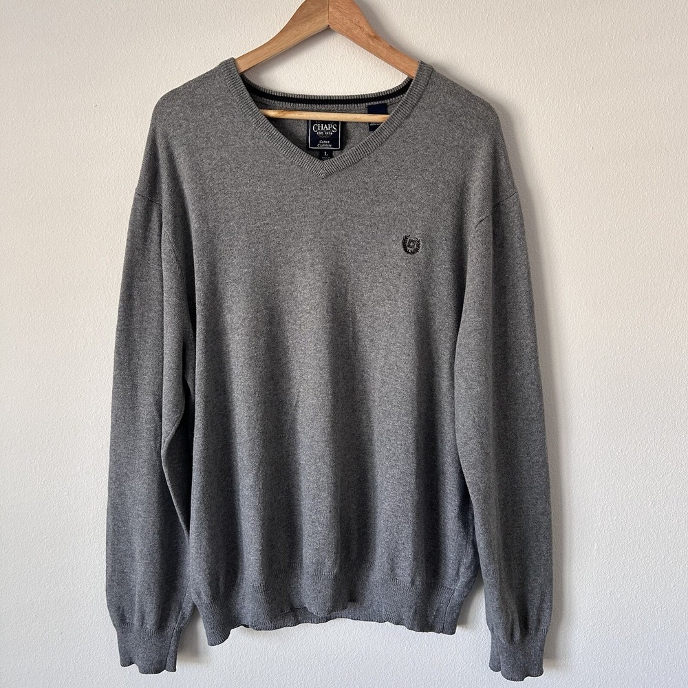 CHAPS‎ Mens Large Cashmere Blend Sweater Gray V-Neck Academia Preppy Old Money